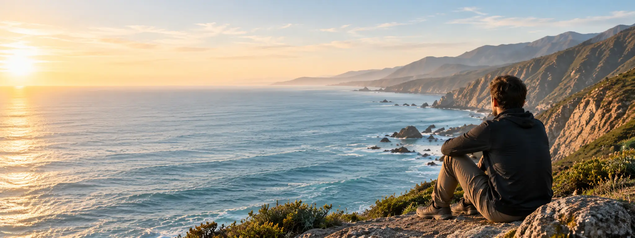 A person seated on a coastal hill overlooking the ocean and mountains