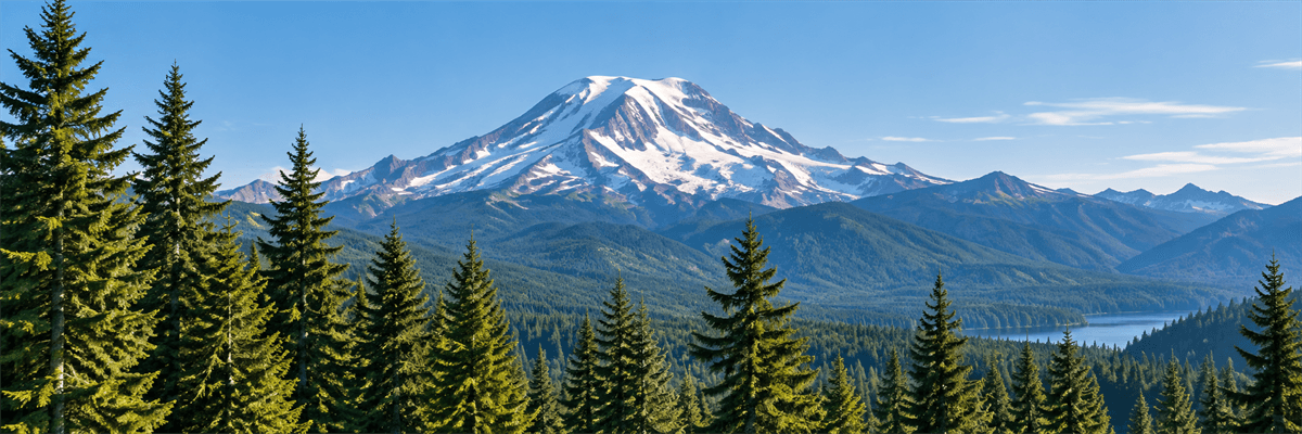 Mount Rainier above a Washington lake and evergreen forest